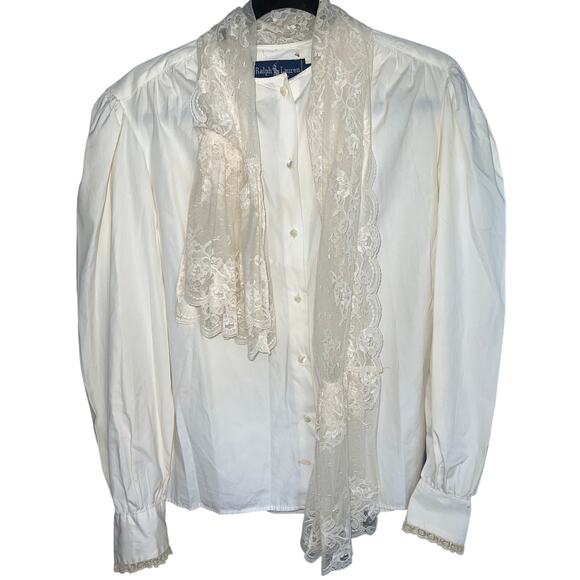 Vintage Ralph Lauren Lace Victorian Blouse Ivory Cotton Size 10 - Picture 1 of 8